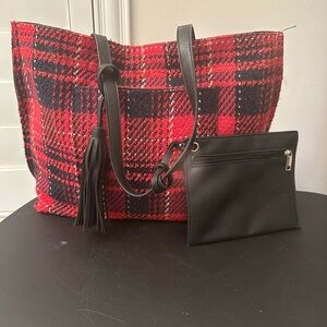Red/Black plaid tote bag with zippered pouch.
